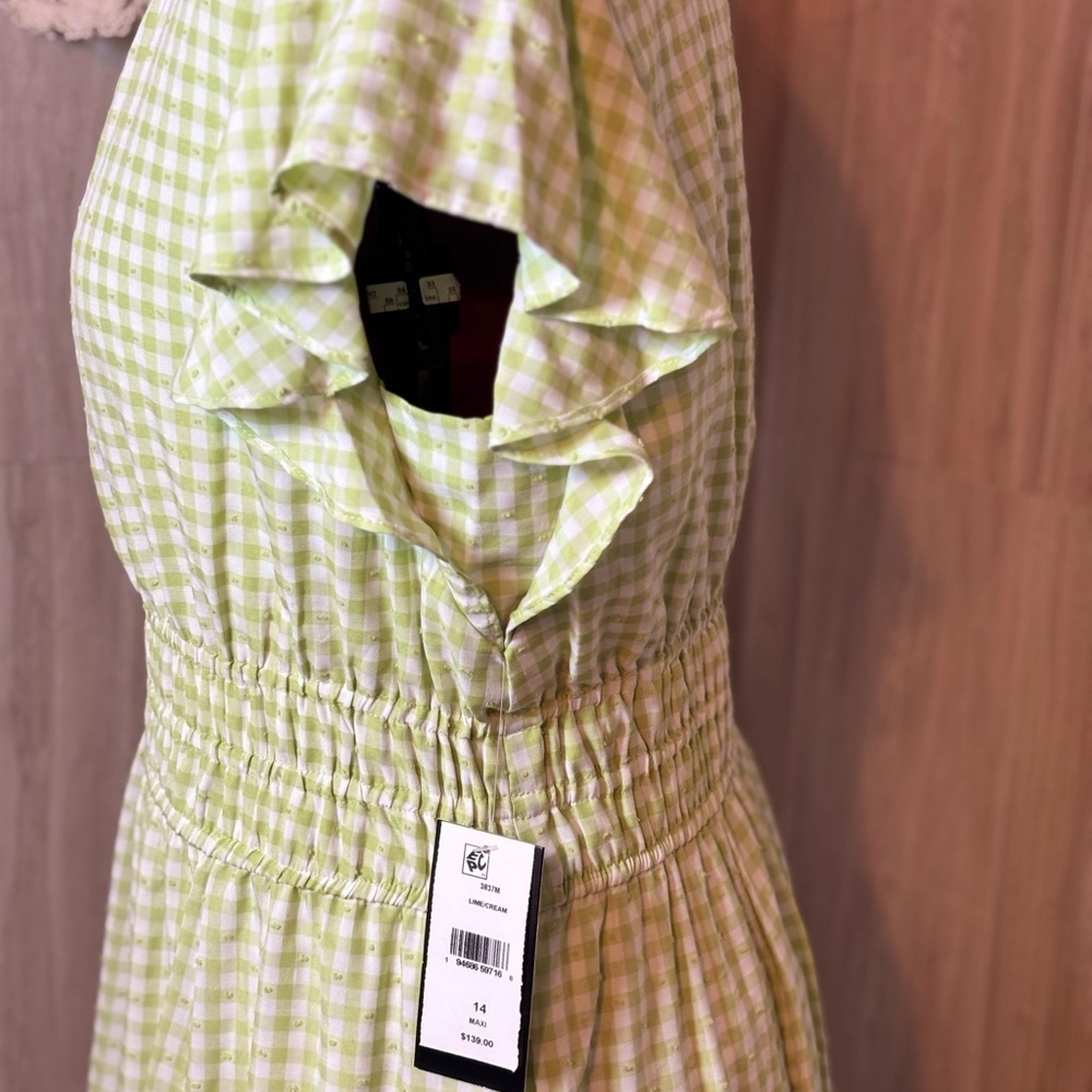 Taylor Lime Green and Cream Checked Gingham Maxi Dress - Picture 7 of 9